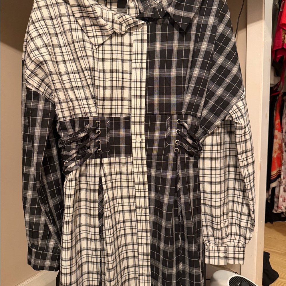 Fashion Nova Black & White Plaid Off-Shoulder Mini Dress